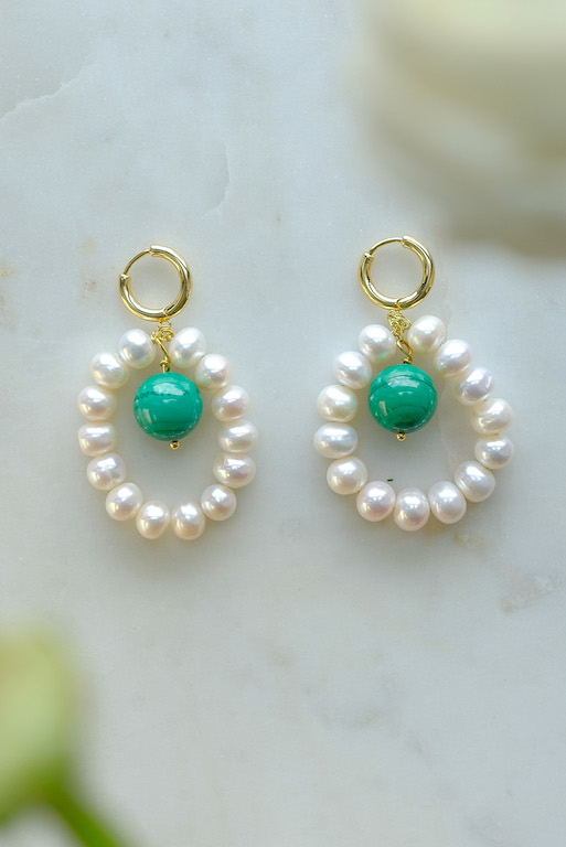 Серьги с жемчугом и малахитом
