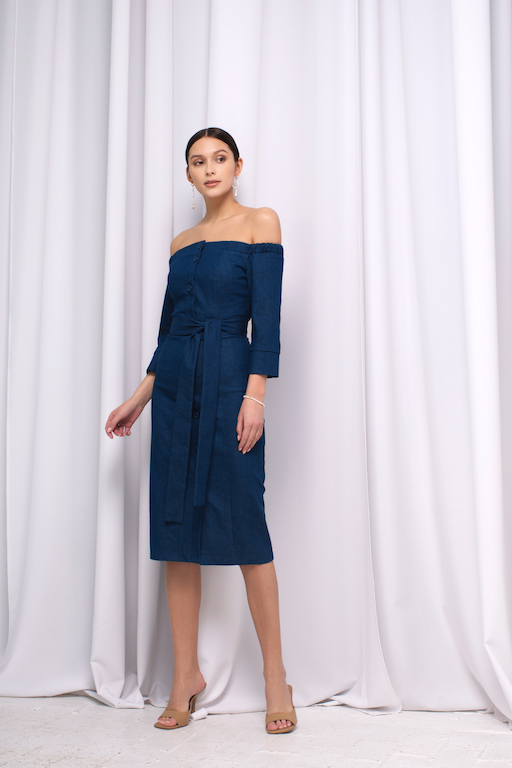 Платье миди с открытыми плечами деним