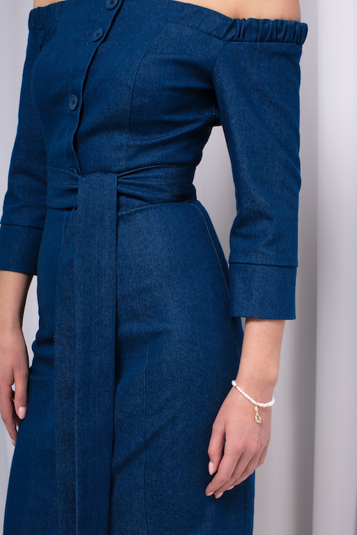 Платье миди с открытыми плечами деним