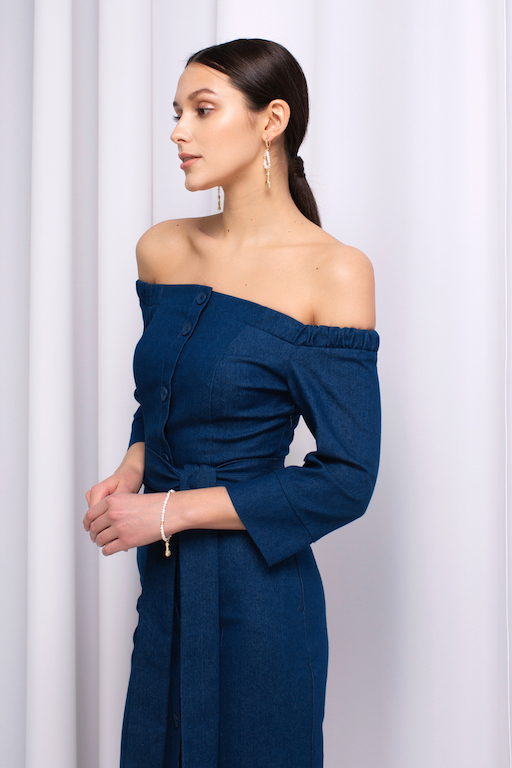 Платье миди с открытыми плечами деним