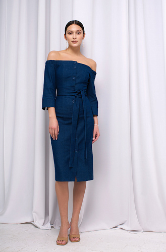 Платье миди с открытыми плечами деним