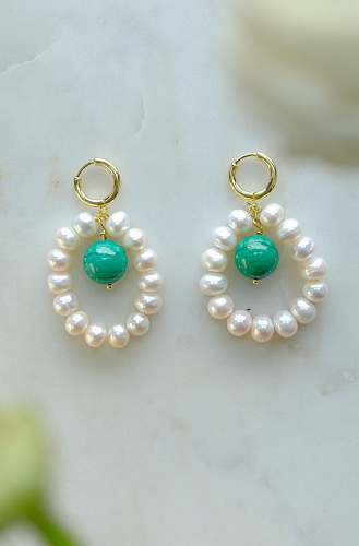 Серьги с жемчугом и малахитом