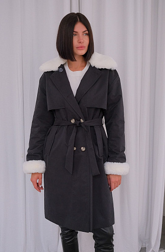 Пальто утепленное с мехом черное