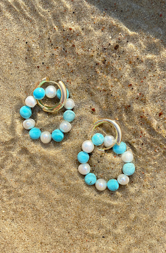 Серьги круглые с бирюзой и жемчугом